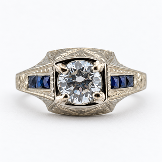 Ring Art Deco Architectural 1.02ct Round Lab Grown Diamond IGI: 802601648 VVS2 F .50ctw Blue Sapphire 18kw 11mm Sz9.5 6.82g 126080051