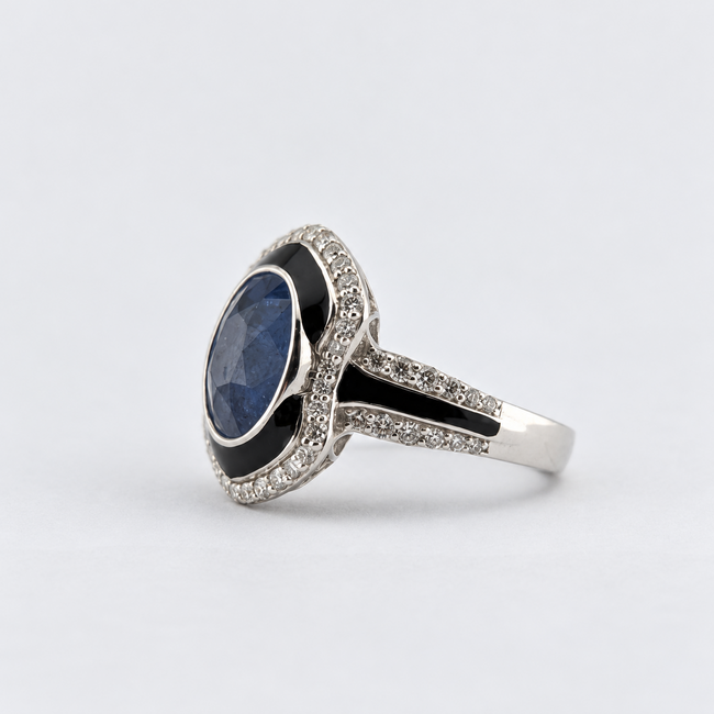 Ring Cocktail 0.67ctw Round Diamonds GIA: 6233722201 5.26ct Blue Sapphire Pt900 19mm Sz7 11.23g 226100044