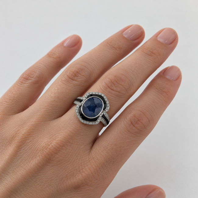 Ring Cocktail 0.67ctw Round Diamonds GIA: 6233722201 5.26ct Blue Sapphire Pt900 19mm Sz7 11.23g 226100044