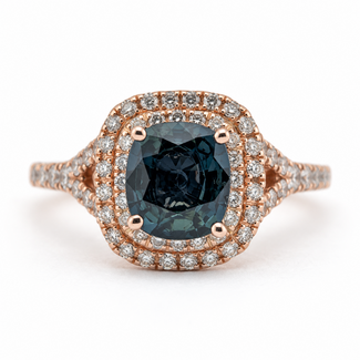 Ring Double Halo Split Shank, Openwork Gallery 1.00ctw Round Brilliant Diamonds GIA: 1232909528 1.56ct Greenish Blue Sapphire 14kr 12mm Sz6.5 3.8g 226100045