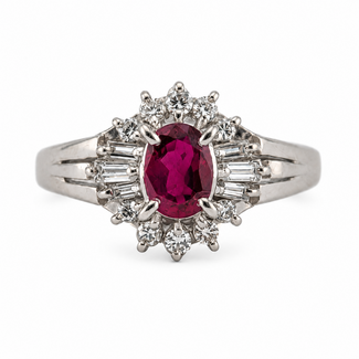 Ring Starburst Halo Milgrain, Filigree Gallery 0.22ctw Round Brilliant & Baguette Diamonds 0.45ct Red Ruby 900pt 10mm Sz6.25 4.6g 226100047