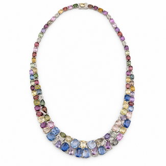 Necklace Graduated Double-Row Front, Leaf Accents 2.27ctw Round Brilliant Diamonds GIA: 1236891629 119.99ctw Multi Color Sapphire 900pt 5-20mm 18" 68.0g 226100022