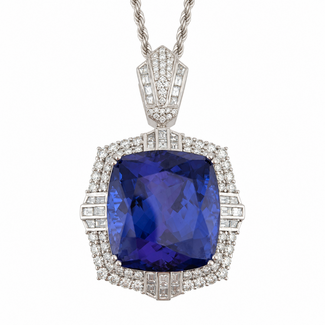 Necklace Geometric Halo Diamond Bail, Rope Chain 5.79ctw Round Brilliant & Baguette Diamonds GIA: 1232889387 93.57ct Blue-Violet Tanzanite 900pt Pendant / 950pt Chain 1.5 x 2" 18" 55.0g 226100023