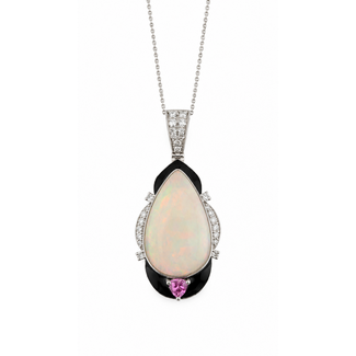 Necklace Teardrop Black Enamel, Openwork Back 0.39ctw Round Brilliant Diamonds 0.33ct Pink Sapphire 7.45ct White (Play of Color) Opal 14kw 0.75 x 1.75" 18" 6.7g 226100020