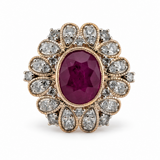 Ring Floral Halo Milgrain, Two Tone 1.03ctw Round Brilliant Diamonds GIA: 1236512172 2.91ct Red Ruby 900pt 21mm Sz7 9g 226100038