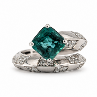 Ring Geometric Sculptural Bypass 0.76ctw Round Brilliant Diamonds 2.26ct Green Emerald 950pt 11mm Sz7 9.7g 226100032