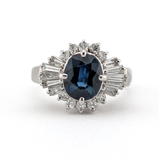 Ring Starburst Halo 0.50ctw Round & Baguette Diamonds GIA: 5231323855 1.43ct Blue Sapphire 900pt 3mm Sz5 7.1g 226100037