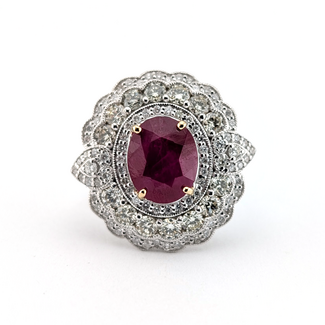 Ring Scalloped Halo Milgrain, Openwork Gallery 1.54ctw Round Brilliant Diamonds GIA: 5241068588 2.90ct Red Ruby 14kw/y 22mm Sz6.75 6.2g 226100049