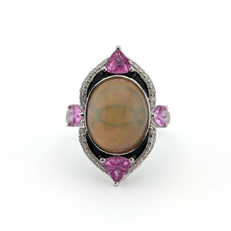 Ring Cocktail Black Enamel, Sculptural Setting 0.22ctw Round Diamonds 1.45ctw Pink Sapphire 4.31ct Golden Opal 950pt 25mm Sz7.5 6.9g 226100033