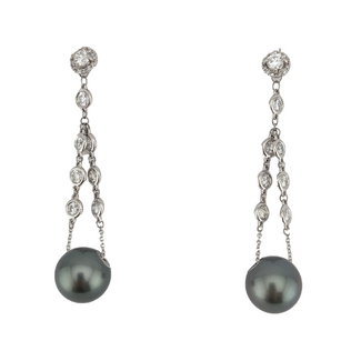 Earrings Dangle Post, Articulated Chain 2.20ctw Round Diamonds 11.5mm Tahitian South Sea Pearl 14kw 11.5mm 2" 8.0g 226100016