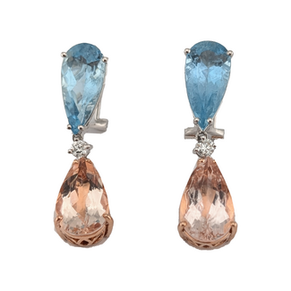 Earrings Dangle Omega Back, Articulated Drop 0.26ctw Round Brilliant Diamonds 9.80ctw Peach Morganite 7.83ctw Greenish Blue Aquamarine 950pt/14kr 1.5 x 0.5" 13.3g 226100013