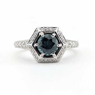 Ring Engagement Halo 0.5ctw Diamonds 1.28ct Round Montana Sapphire GIA: 2245085145 Palladium 2.5mm Sz6.5 4.85g 126038028