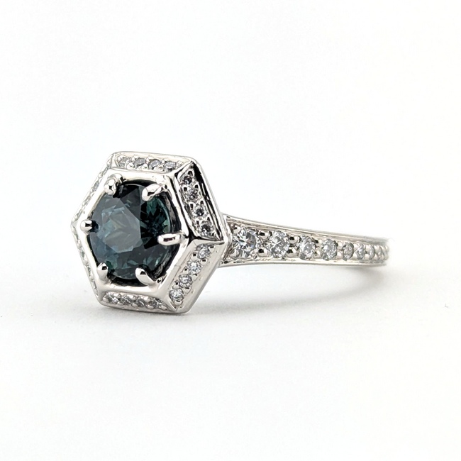 Ring Engagement Halo 0.5ctw Diamonds 1.28ct Round Montana Sapphire GIA: 2245085145 Palladium 2.5mm Sz6.5 4.85g 126038028