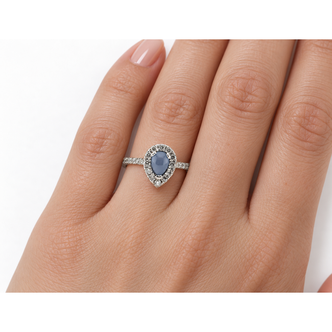 Ring Tear Drop Halo .33ctw Round Diamonds GIA: 6243086079 .67ct Blue Sapphire 14kw 1.8mm Sz6.5 1.94g 126100013