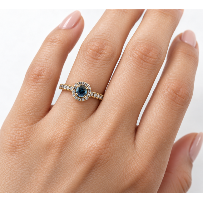 Ring Halo .38ctw Round Diamonds .52ct Montana Sapphire GIA: 5242086043 14ky 2.2mm Sz8.5 2.66g 125110046
