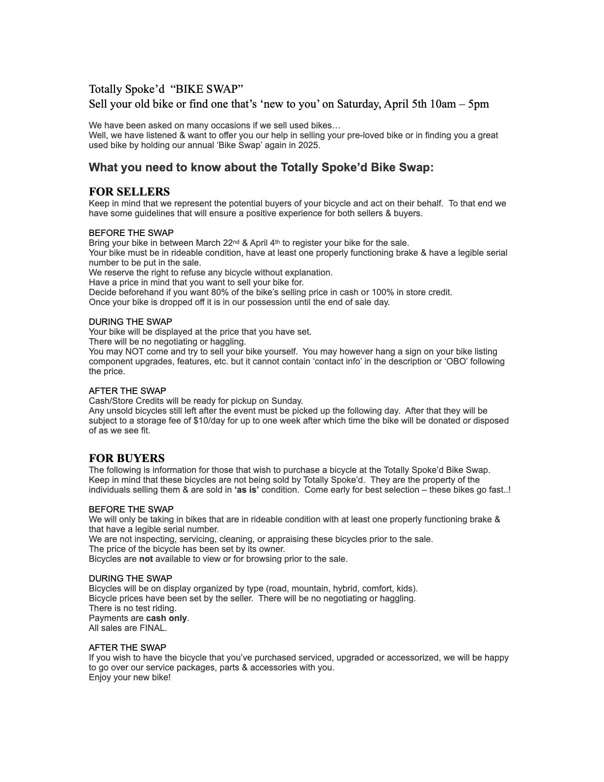 Bike Swap Description April 5th 2025 (please bring a completed registration form with each bike entered)