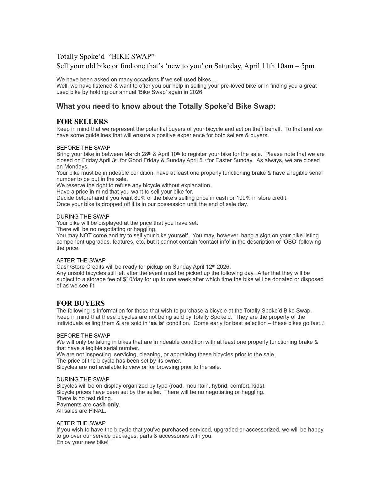 Bike Swap Description April 11th 2026 (please bring a completed registration form with each bike entered)