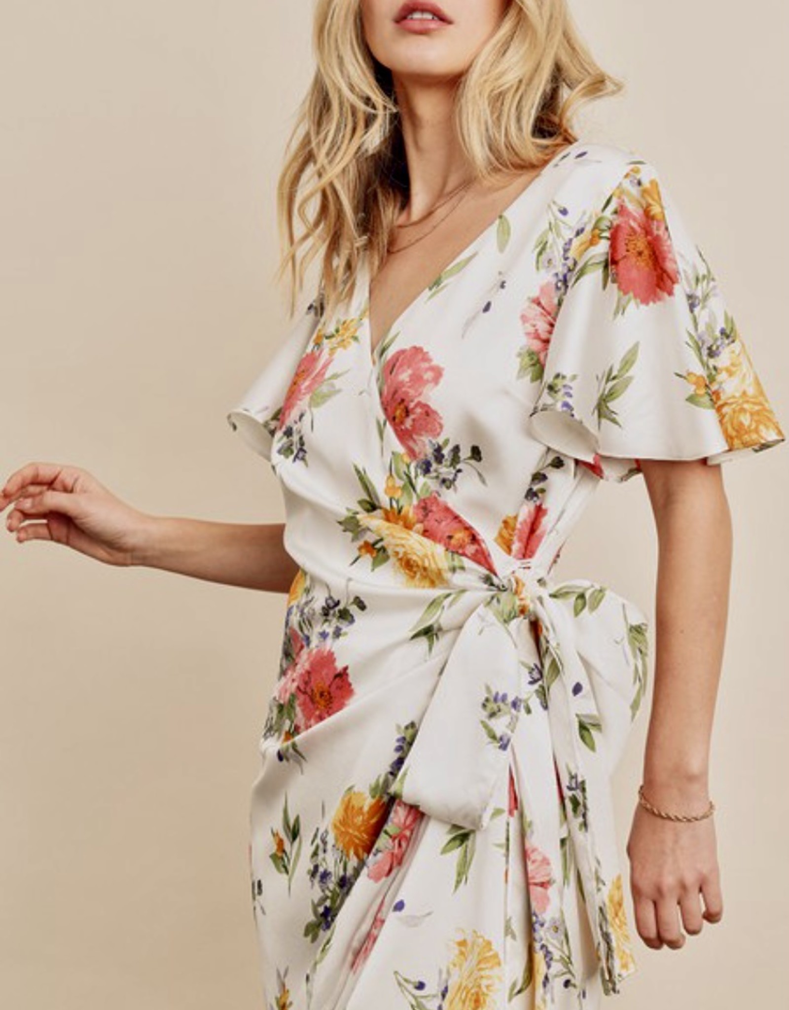 HUSH Ruffle sleeve floral print satin mini dress