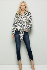 HUSH EDEN cheetah print satin front tie blouse