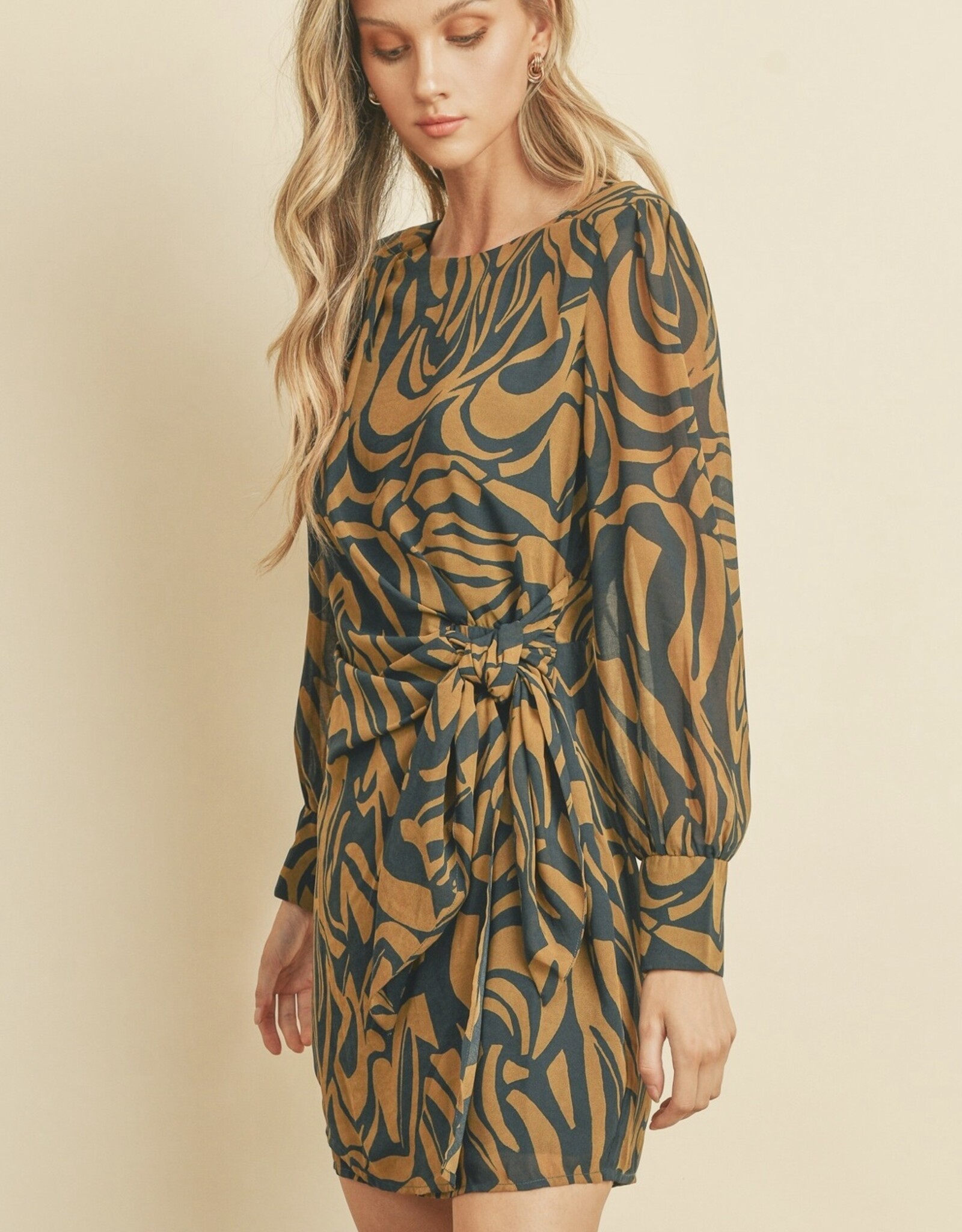 HUSH ELLISON printed side tie detail L/S dress