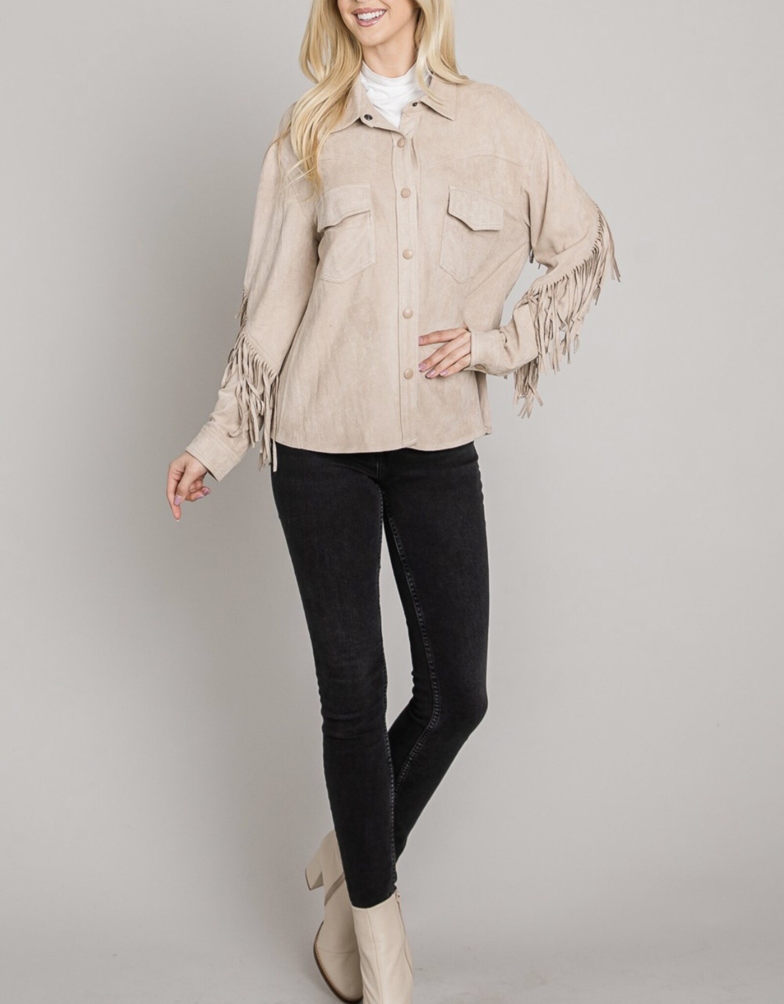 HUSH ELAINA vegan suede fringe shacket