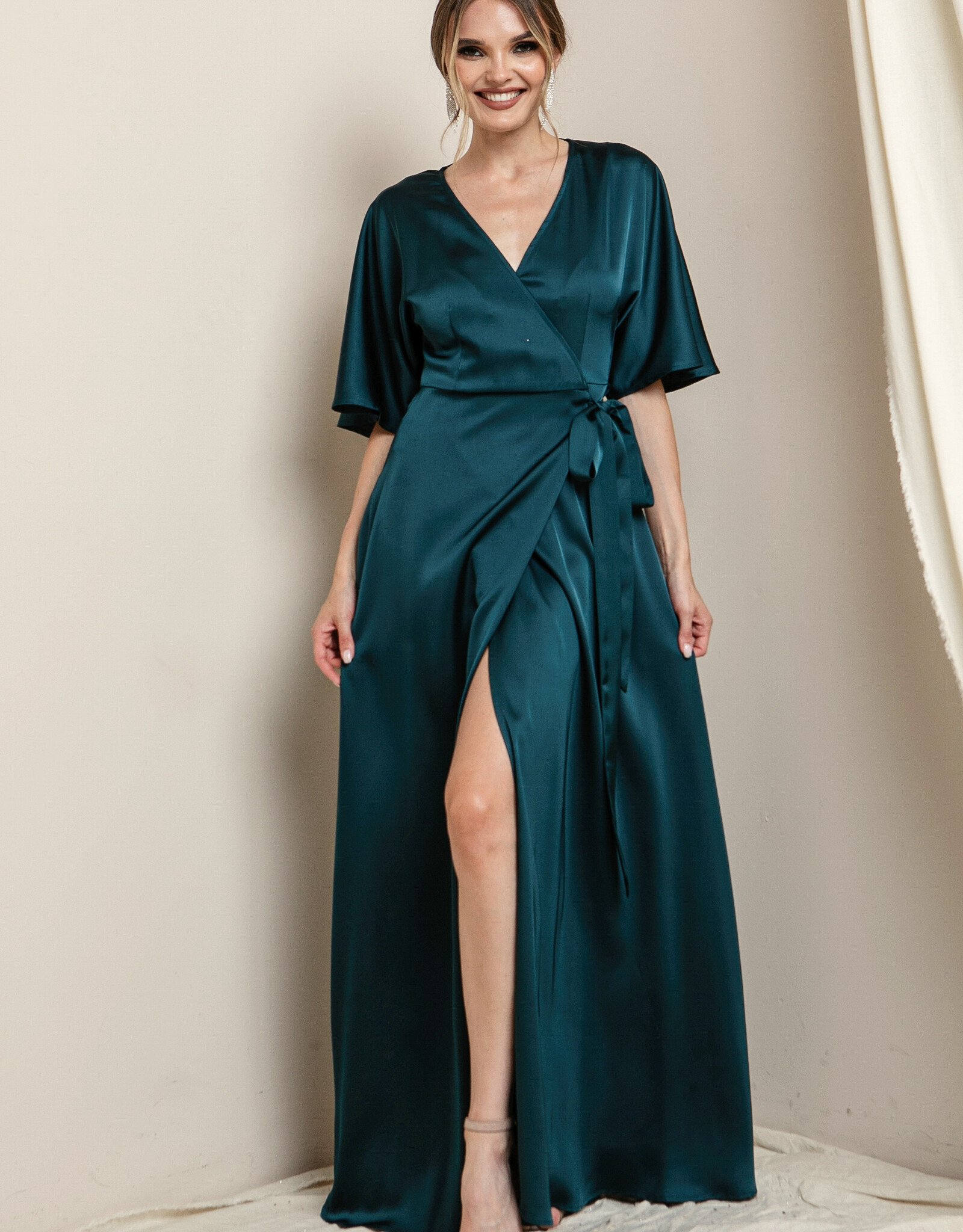 HUSH FINLEIGH flutter sleeve satin wrap dress