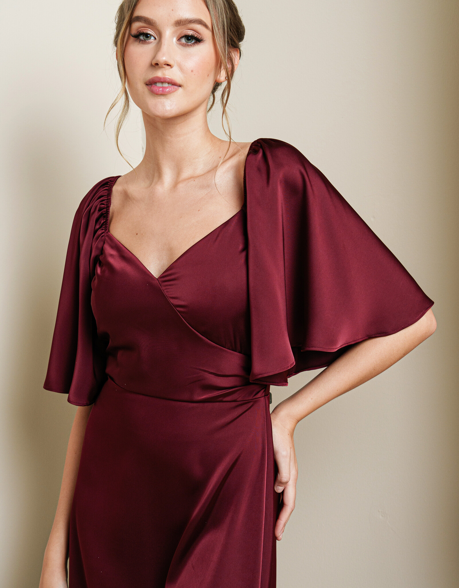 HUSH FIORELLA satin flutter sleeve gown