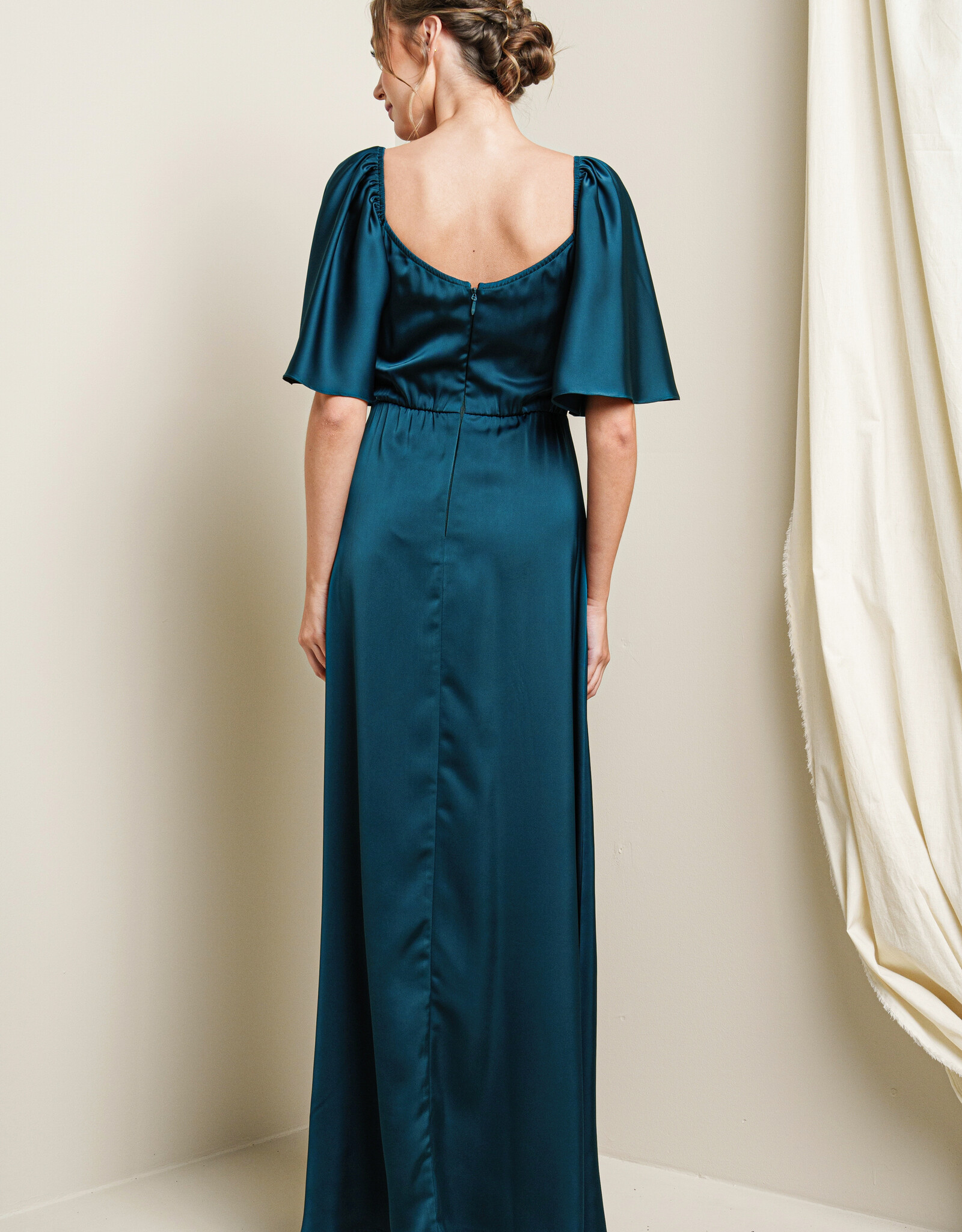 HUSH FIORELLA satin flutter sleeve gown