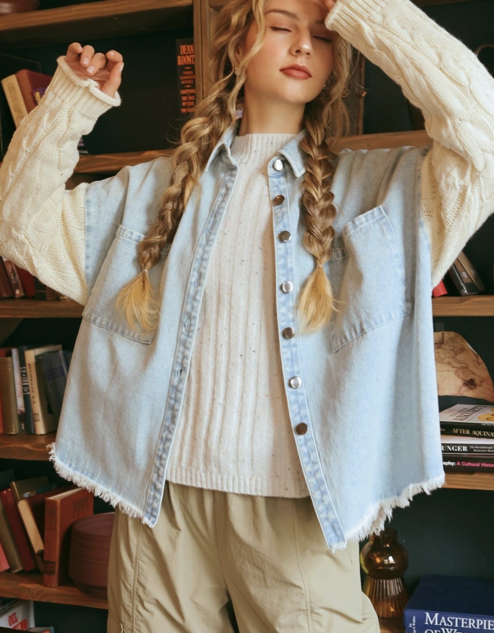 HUSH FREIDA cable knit sleeve denim jacket