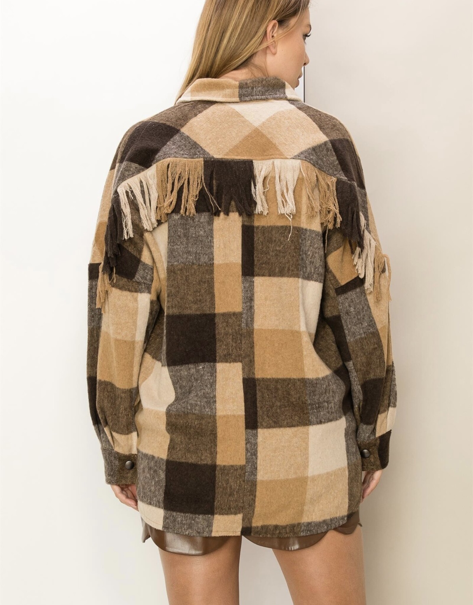 HUSH IRA plaid fringe shacket