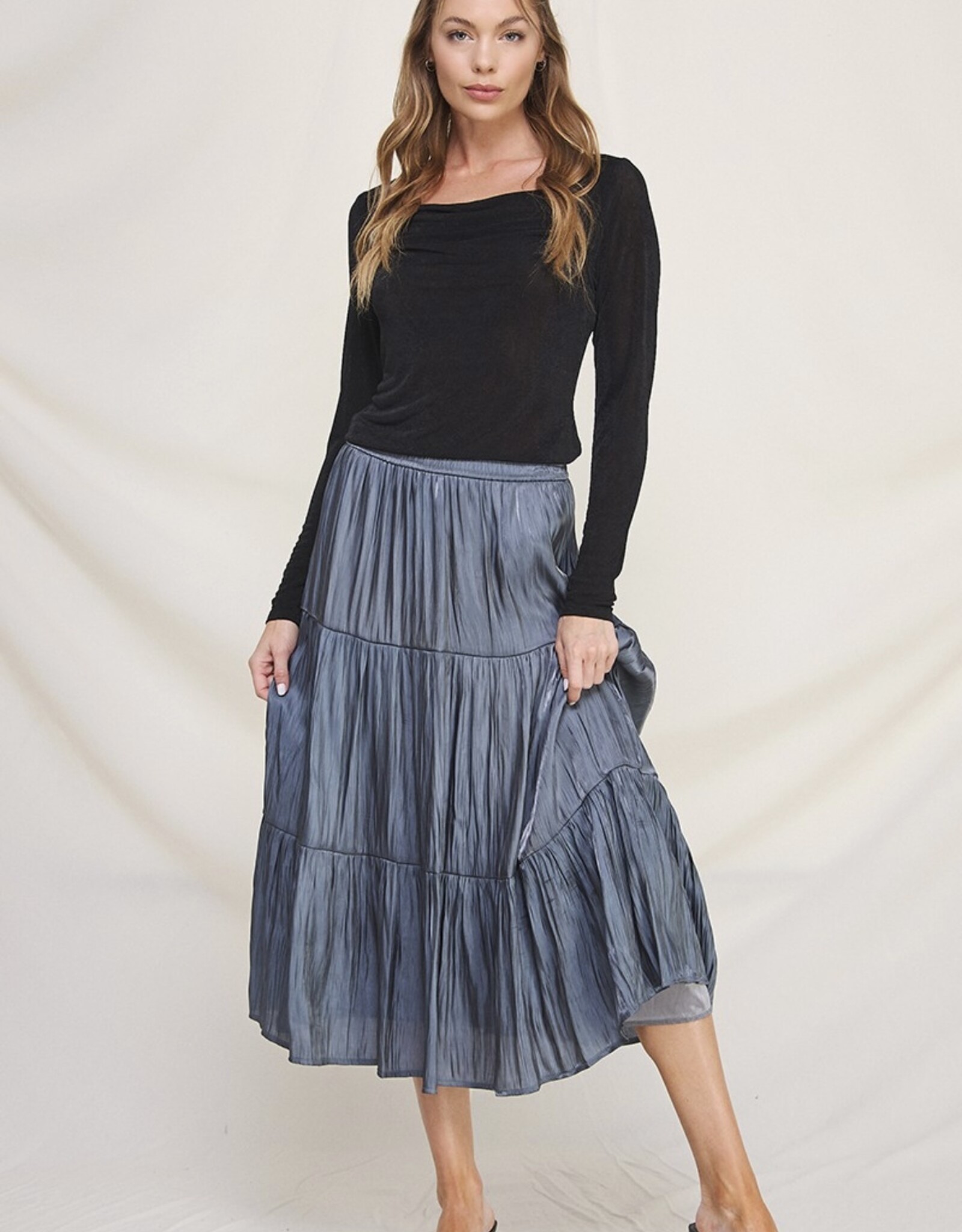 HUSH KORRA tired crinkle satin midi skirt