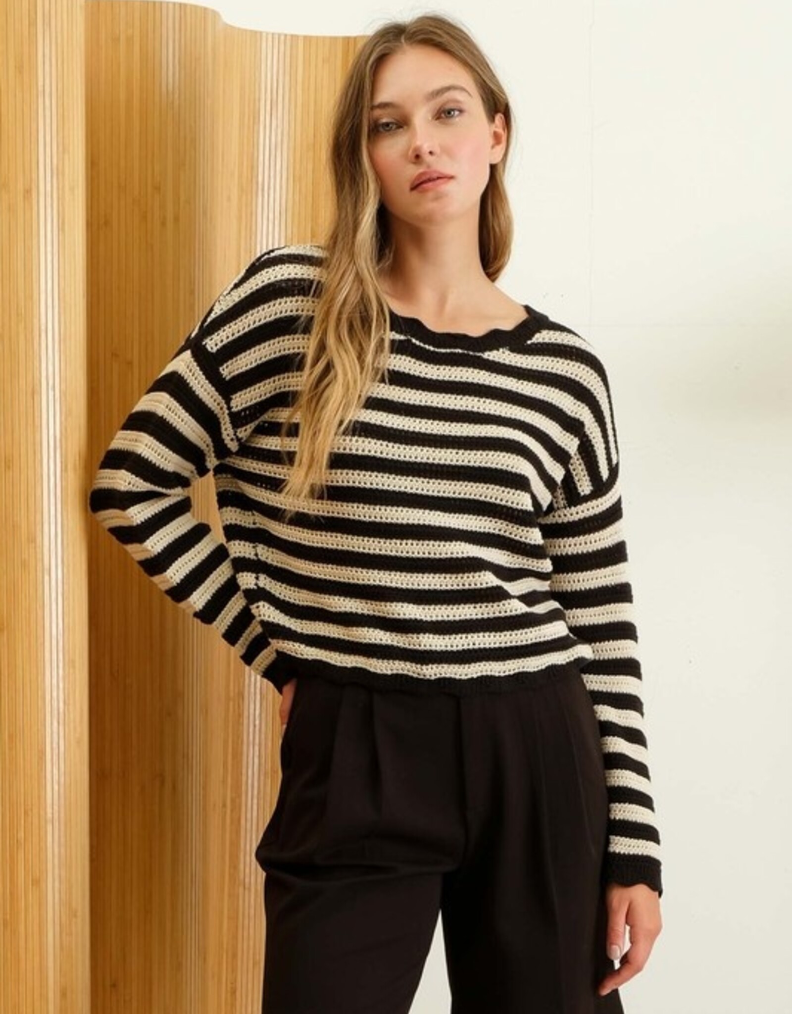 HUSH OSHUN stripe scallop trim sweater