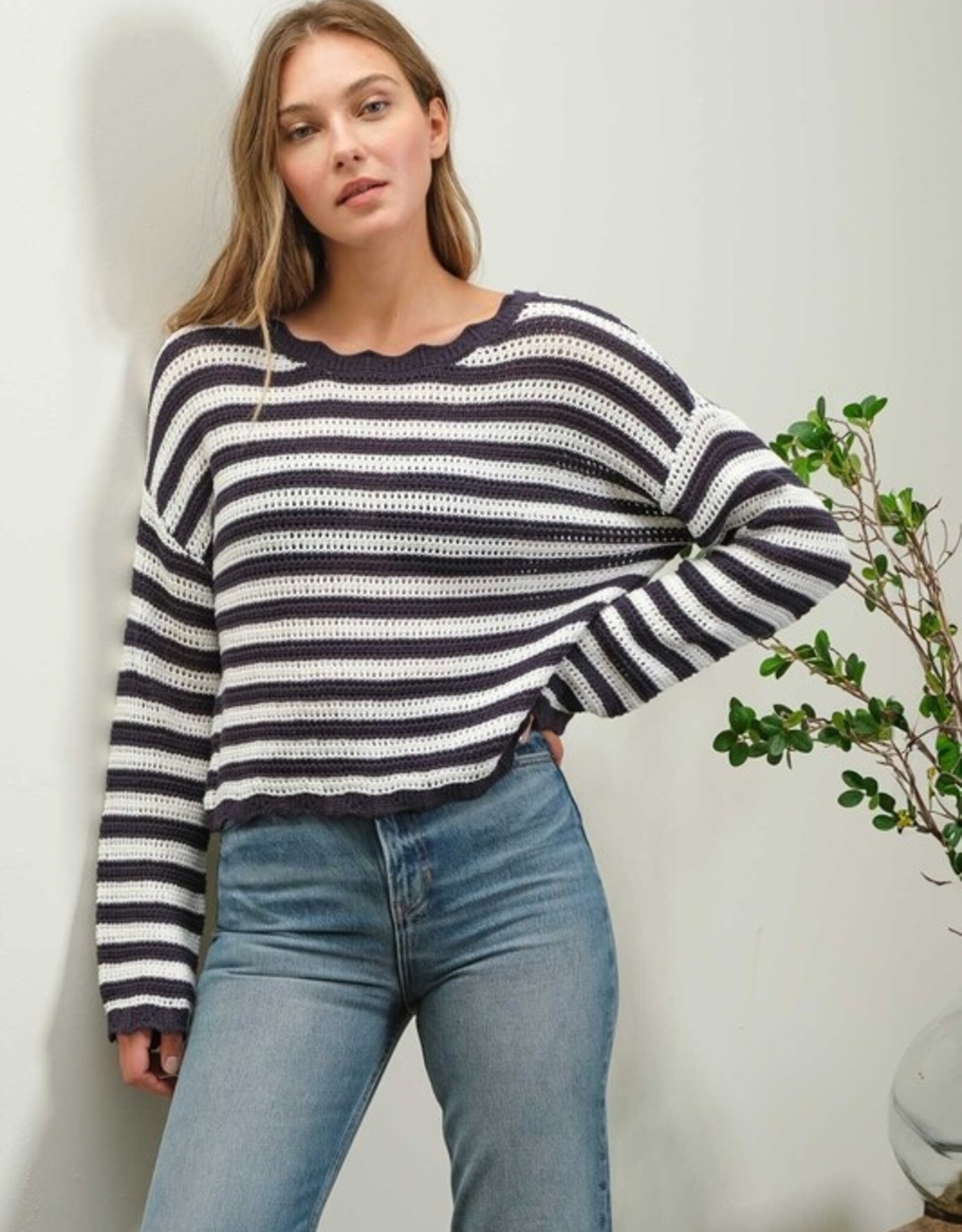 HUSH OSHUN stripe scallop trim sweater
