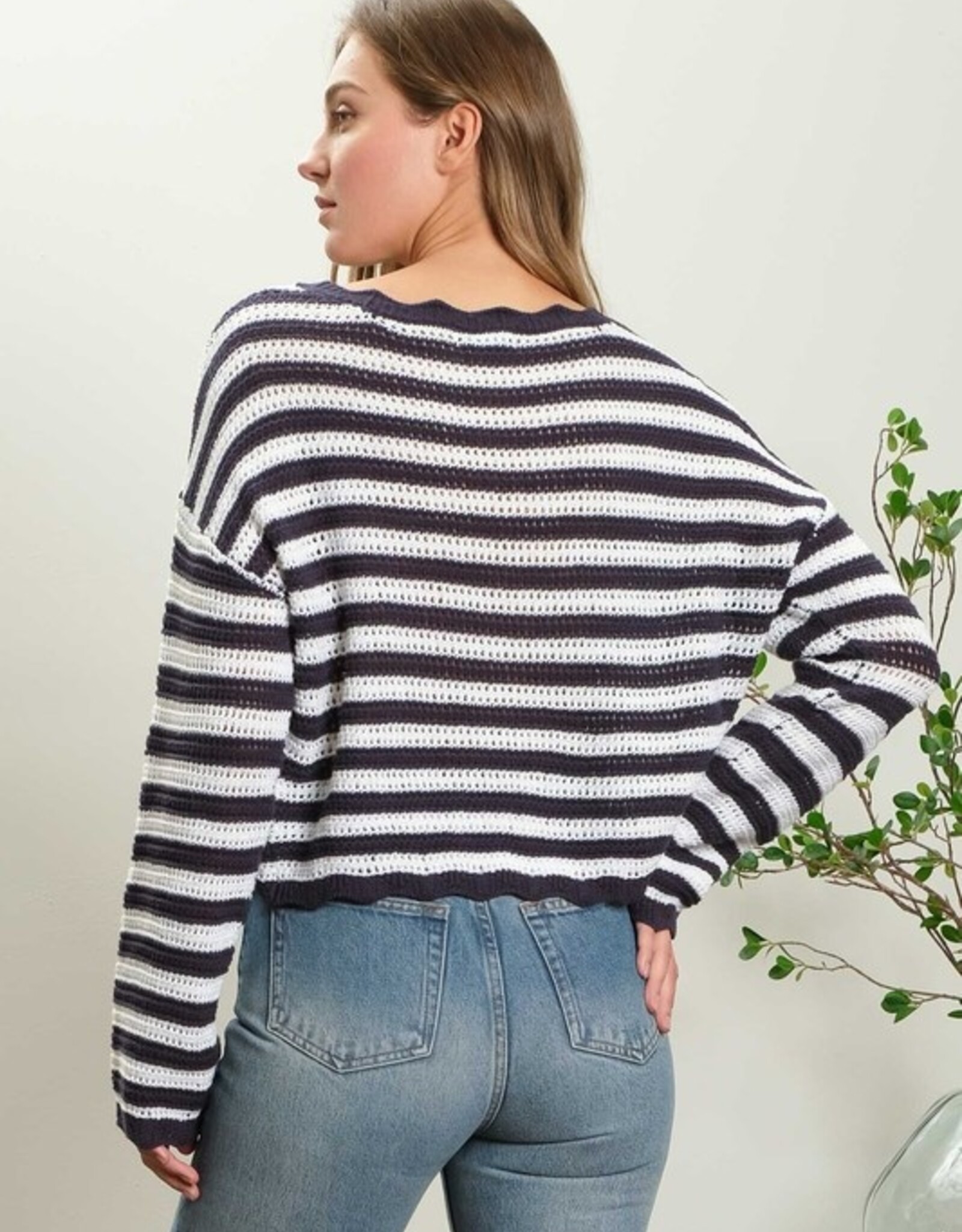 HUSH OSHUN stripe scallop trim sweater