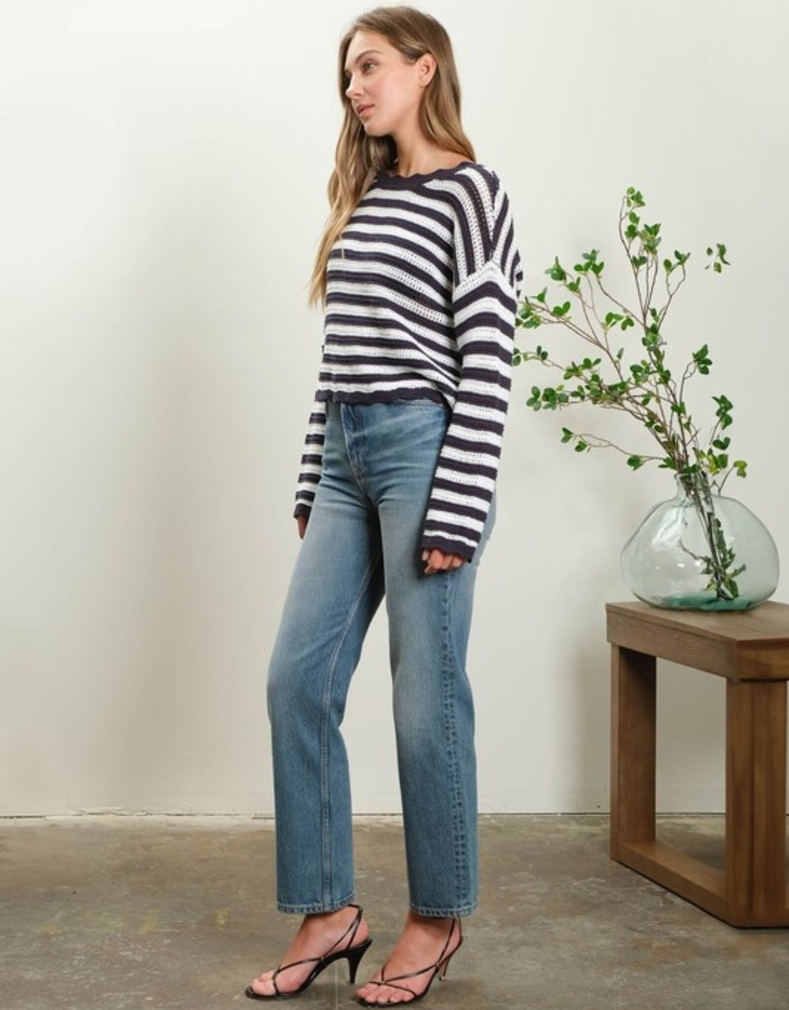 HUSH OSHUN stripe scallop trim sweater