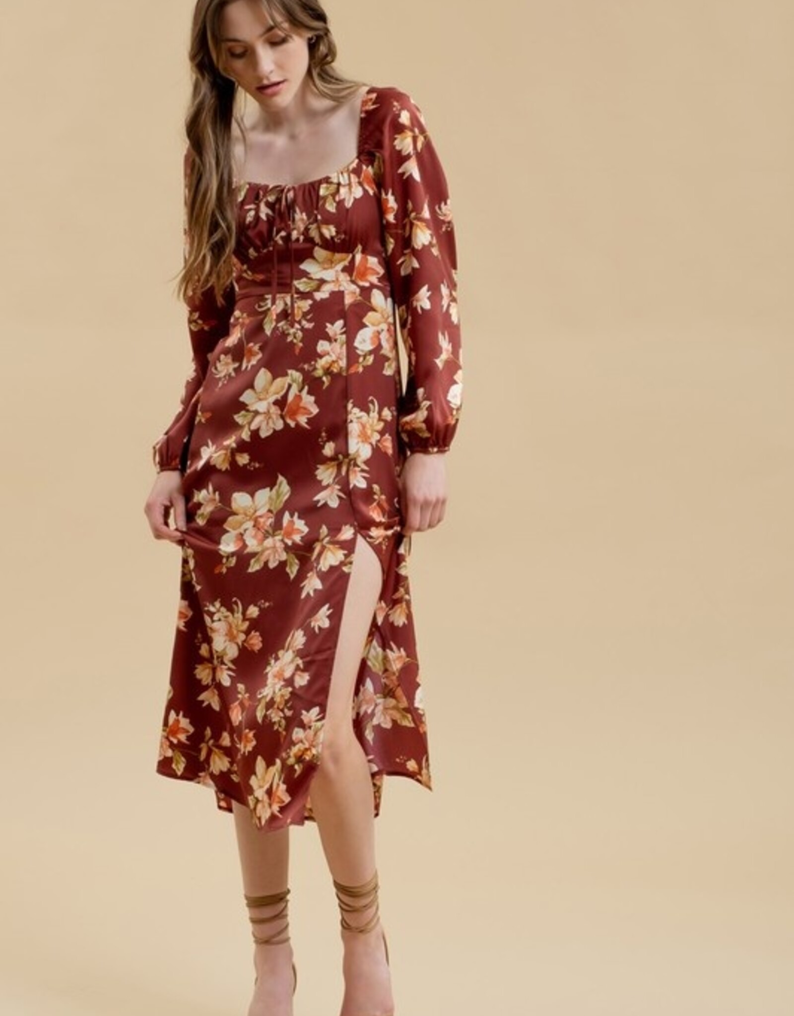 HUSH OSTARA floral L S front slit midi dress
