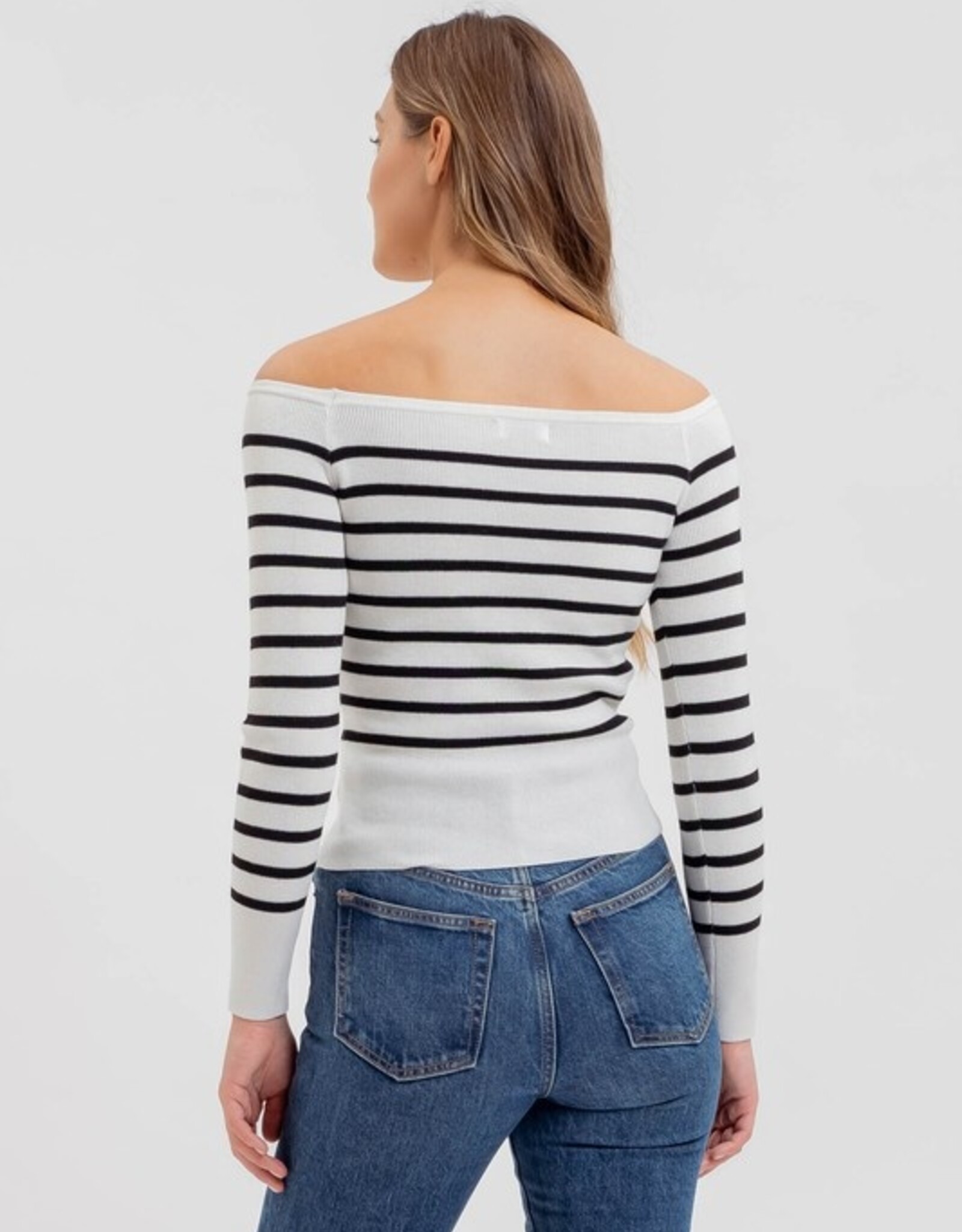 HUSH ORION striped off the shoulder sweater