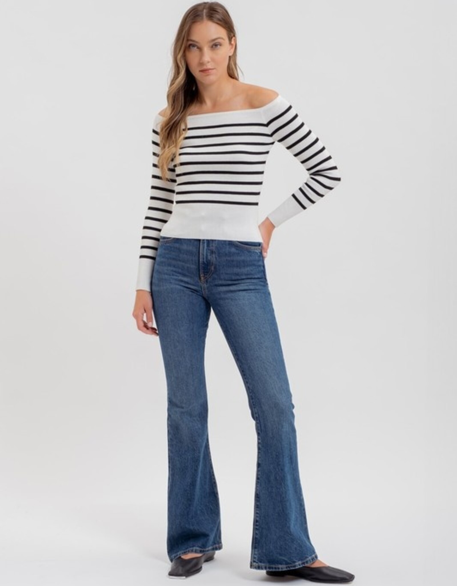 HUSH ORION striped off the shoulder sweater