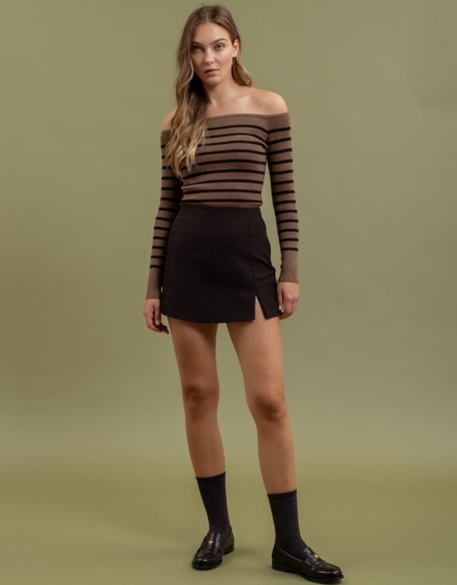 HUSH ORION striped off the shoulder sweater