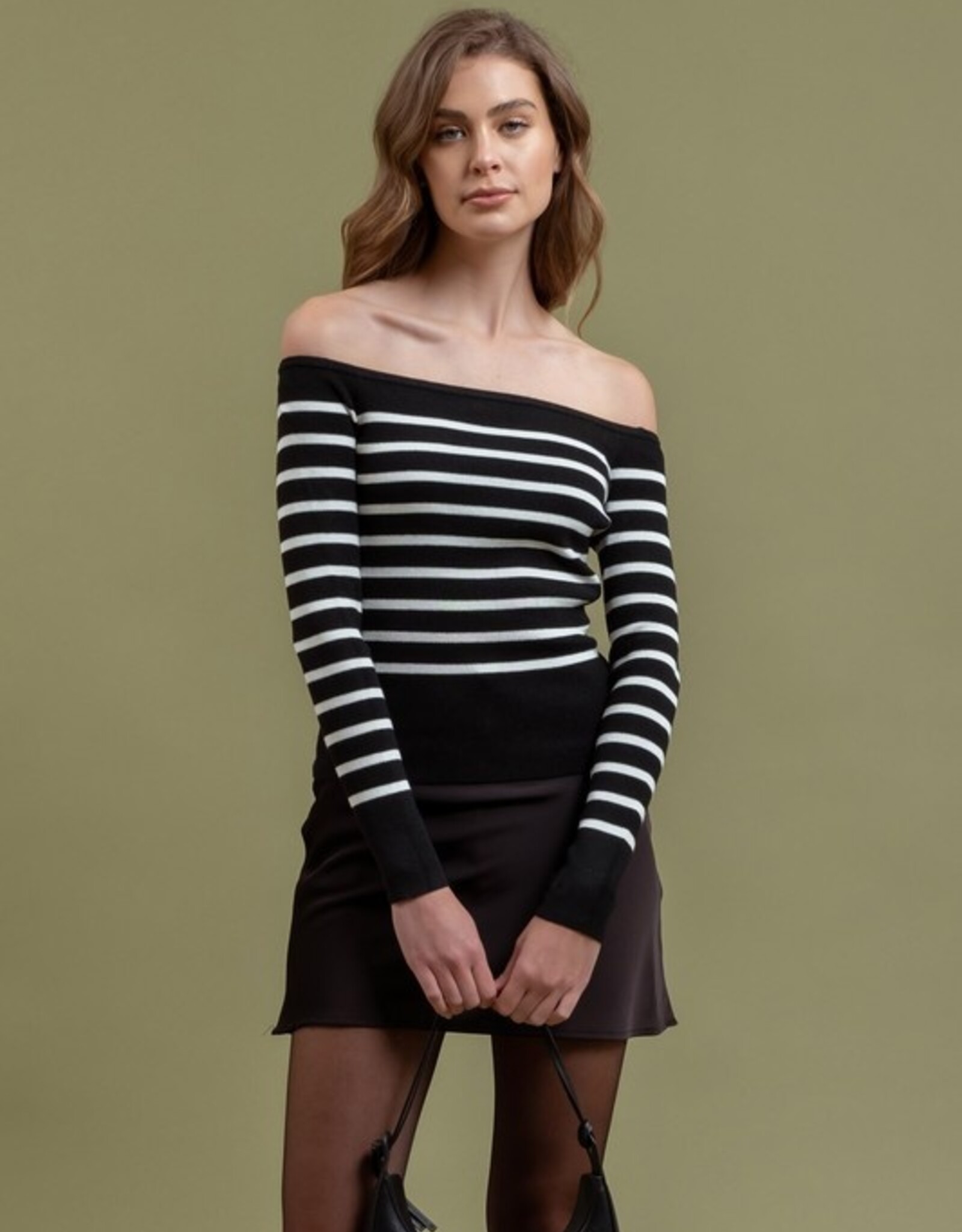HUSH ORION striped off the shoulder sweater