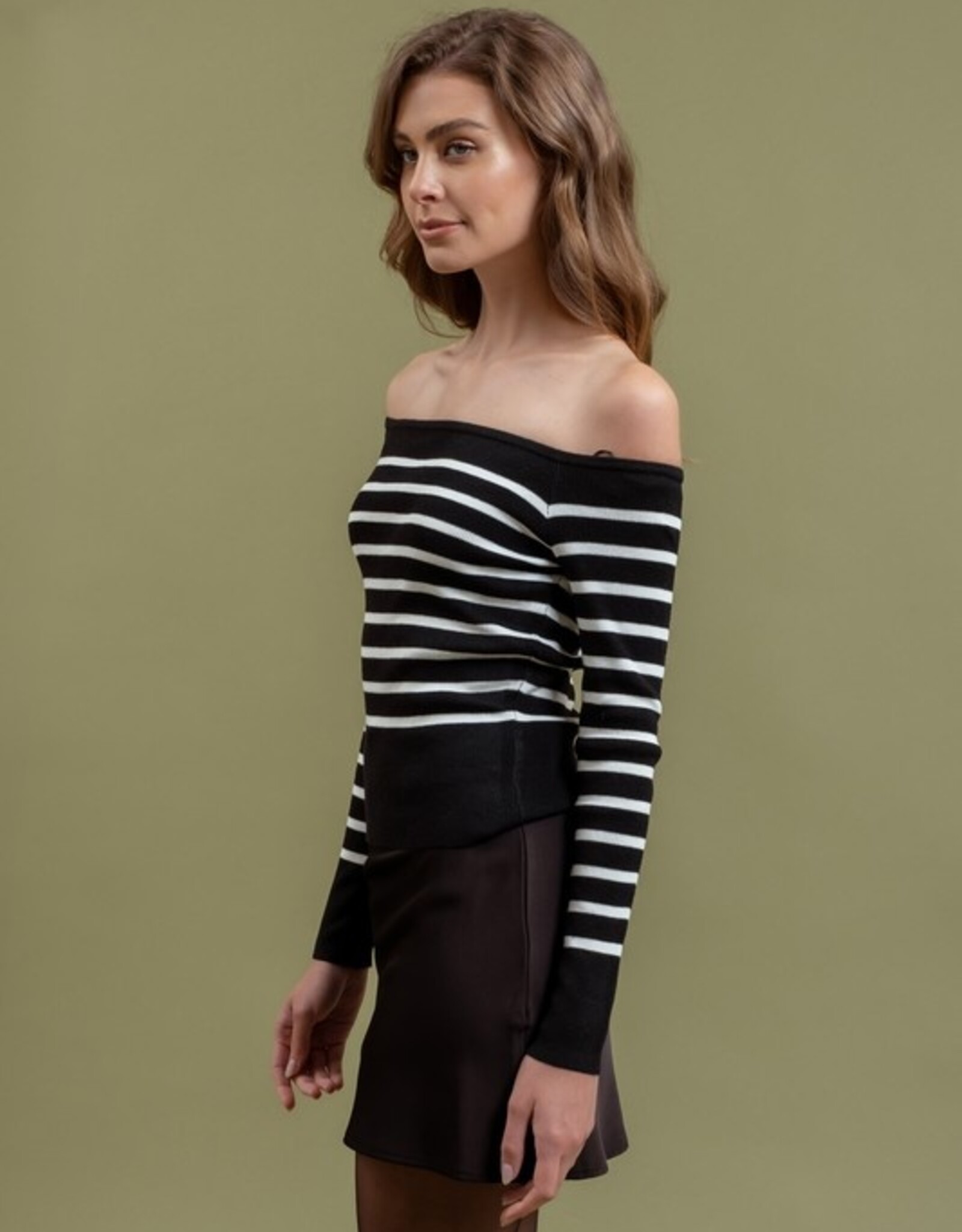 HUSH ORION striped off the shoulder sweater