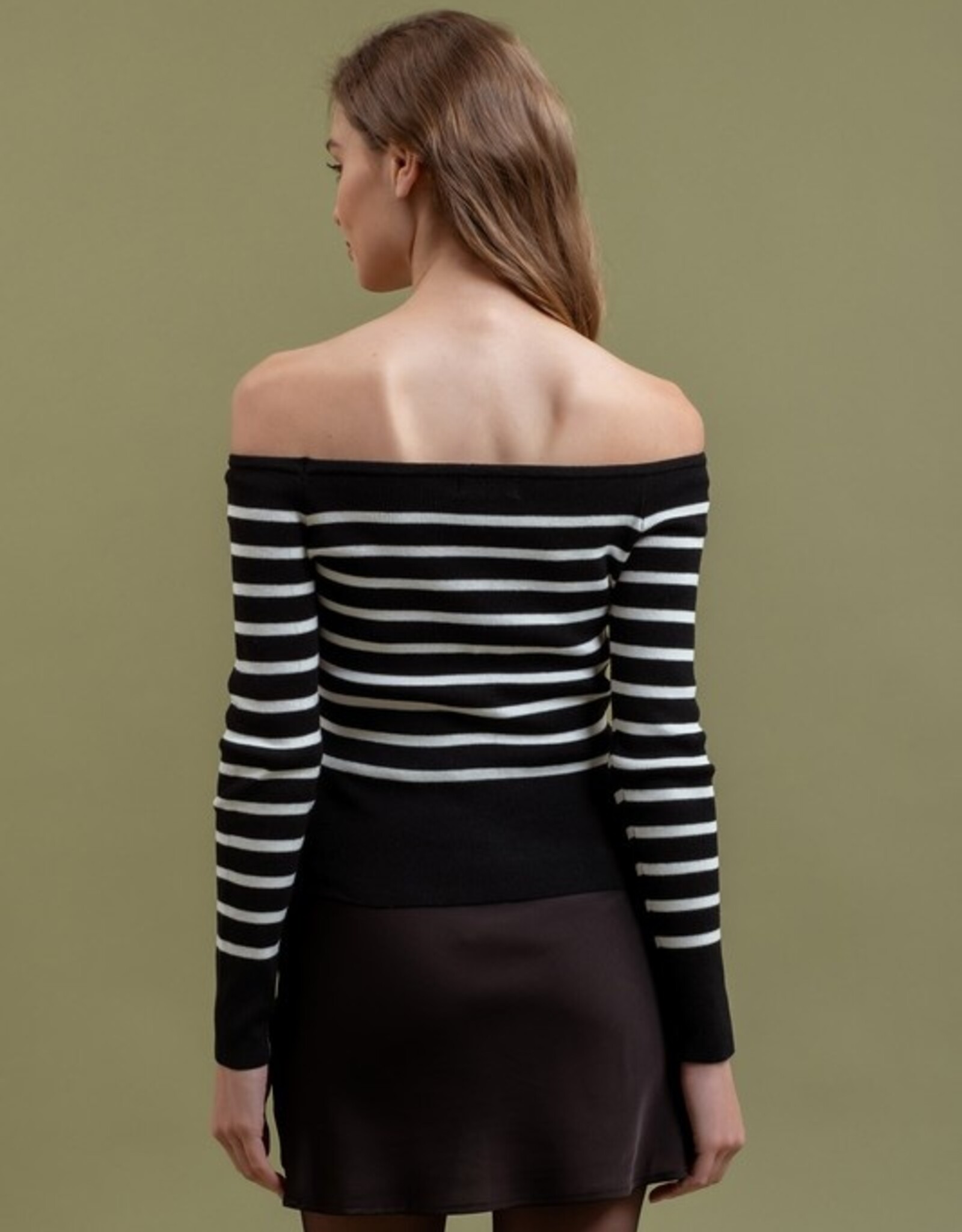 HUSH ORION striped off the shoulder sweater
