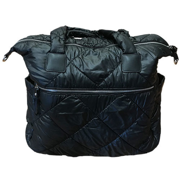 black quilted weekender bag