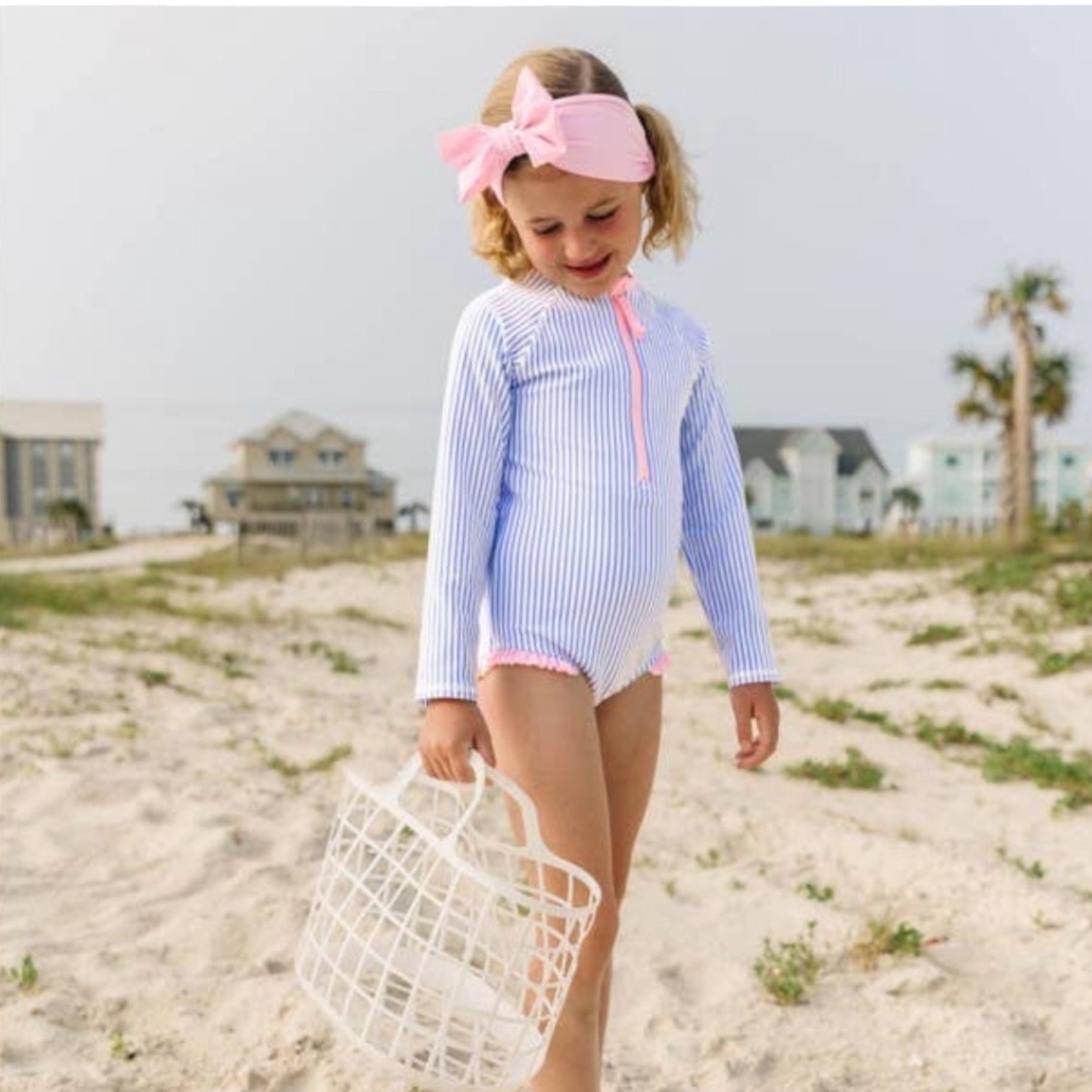 Ruffle Butts Pink/Blue Seersucker One Piece Rash Guard