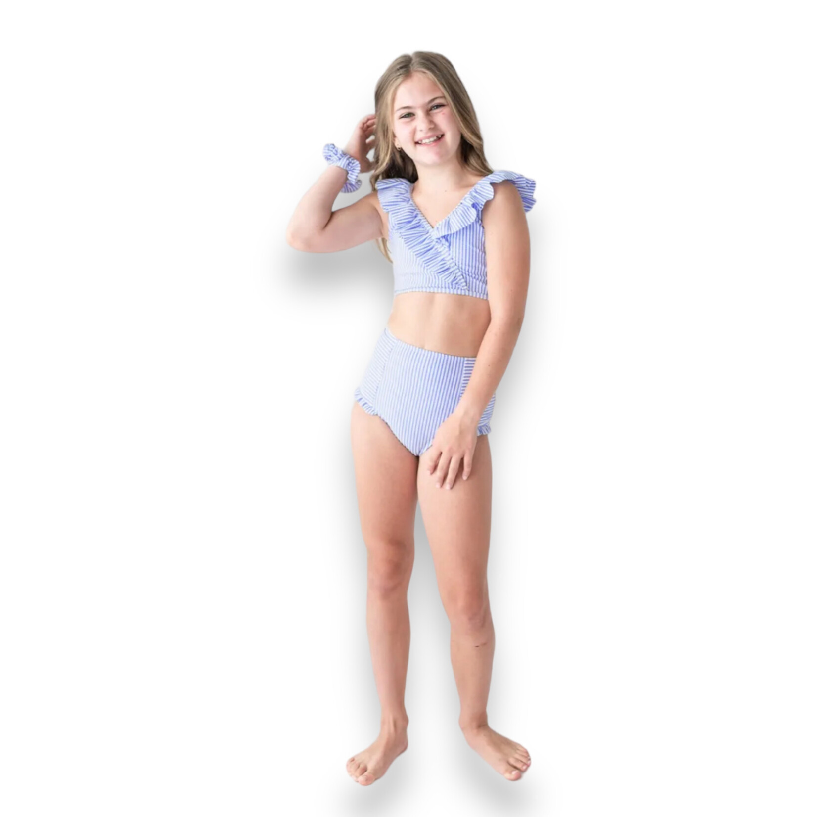 Ruffle Butts Tween Blue Seersucker Ruffle V-Neck Bikini - Ruffle