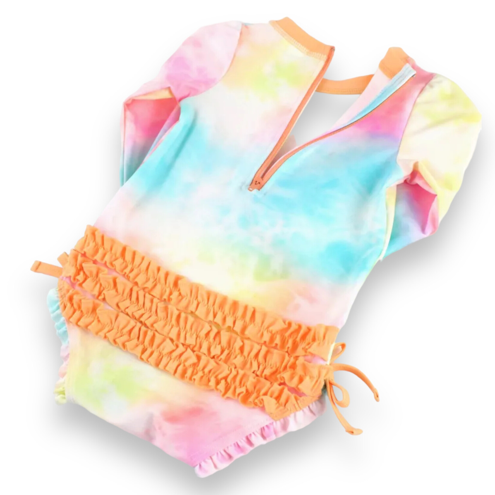 Ruffle Butts Rainbow Tie Dye L/S One Piece Rash Guard