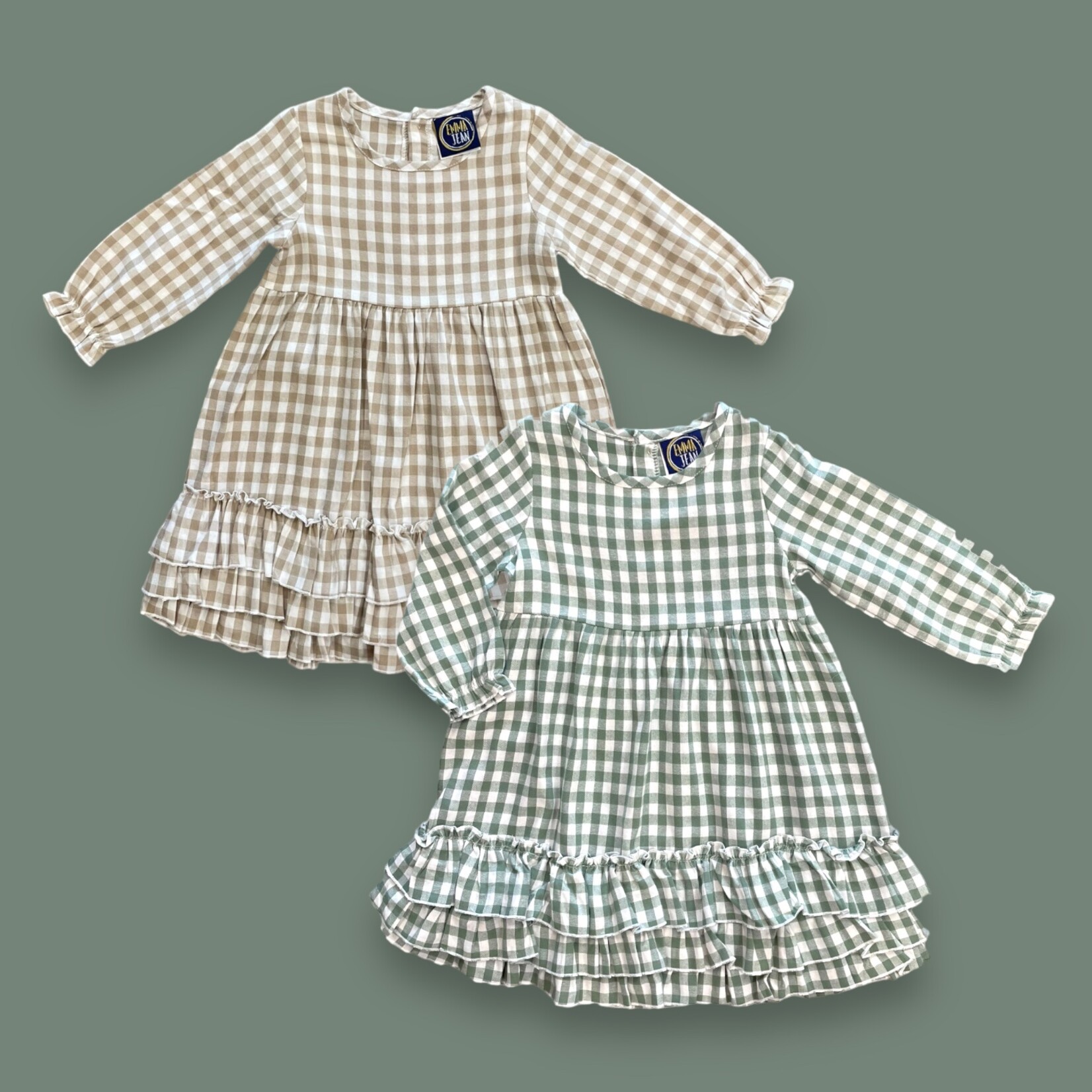 Emma Jean Khaki Gingham Ruffle Dress