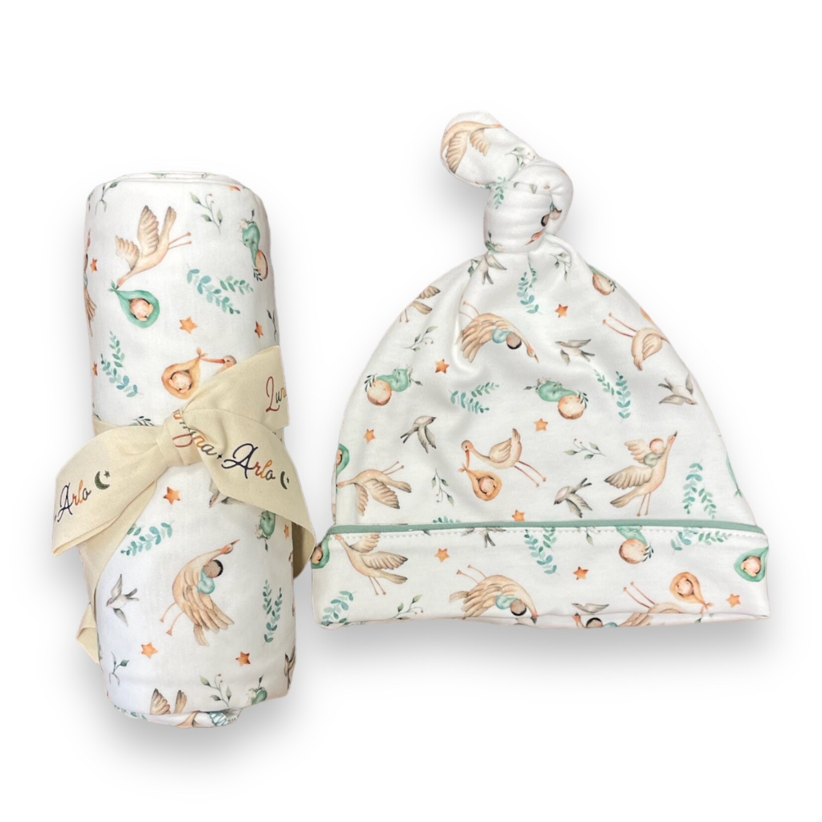 Luna & Arlo Cherished Arrival Stork Swaddle/Hat - Sage