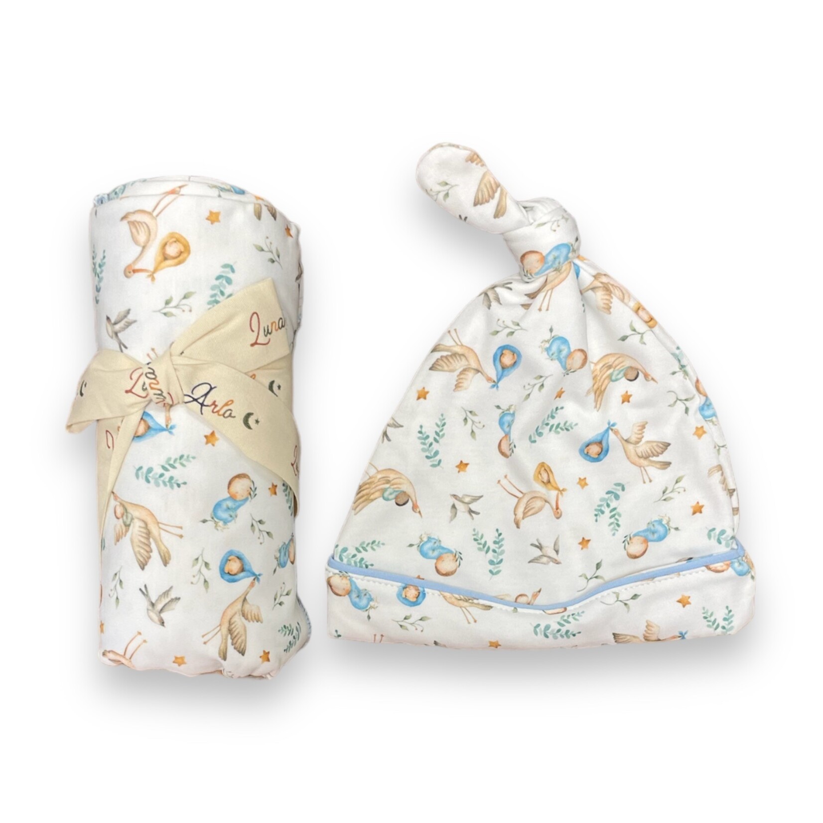 Luna & Arlo Cherished Arrival Stork Swaddle/Hat - Blue