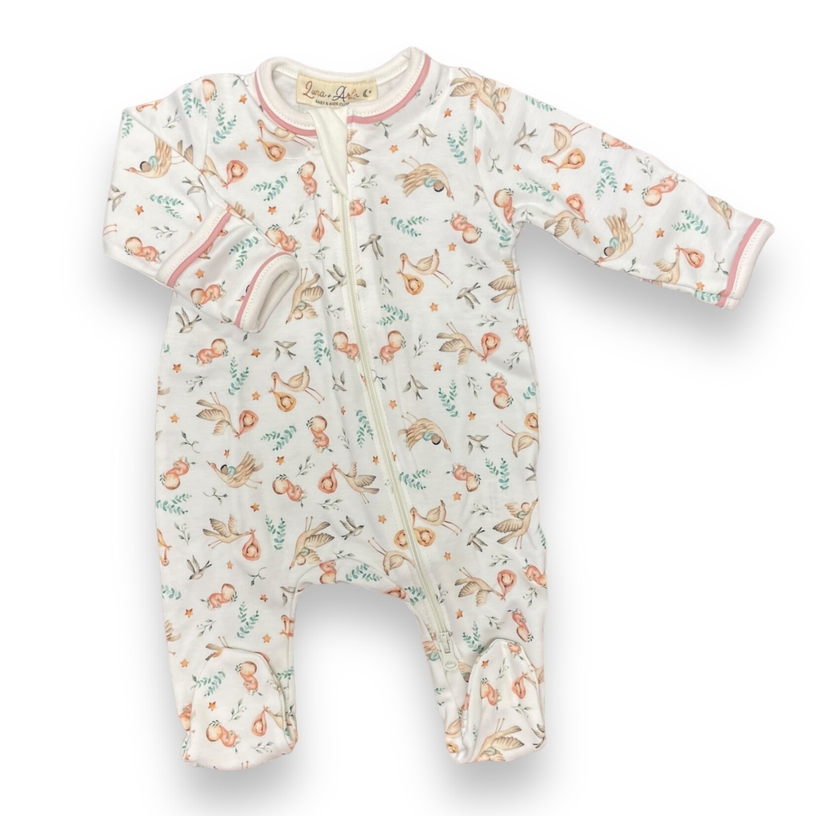 Luna & Arlo Cherished Arrival Stork Footie - Pink
